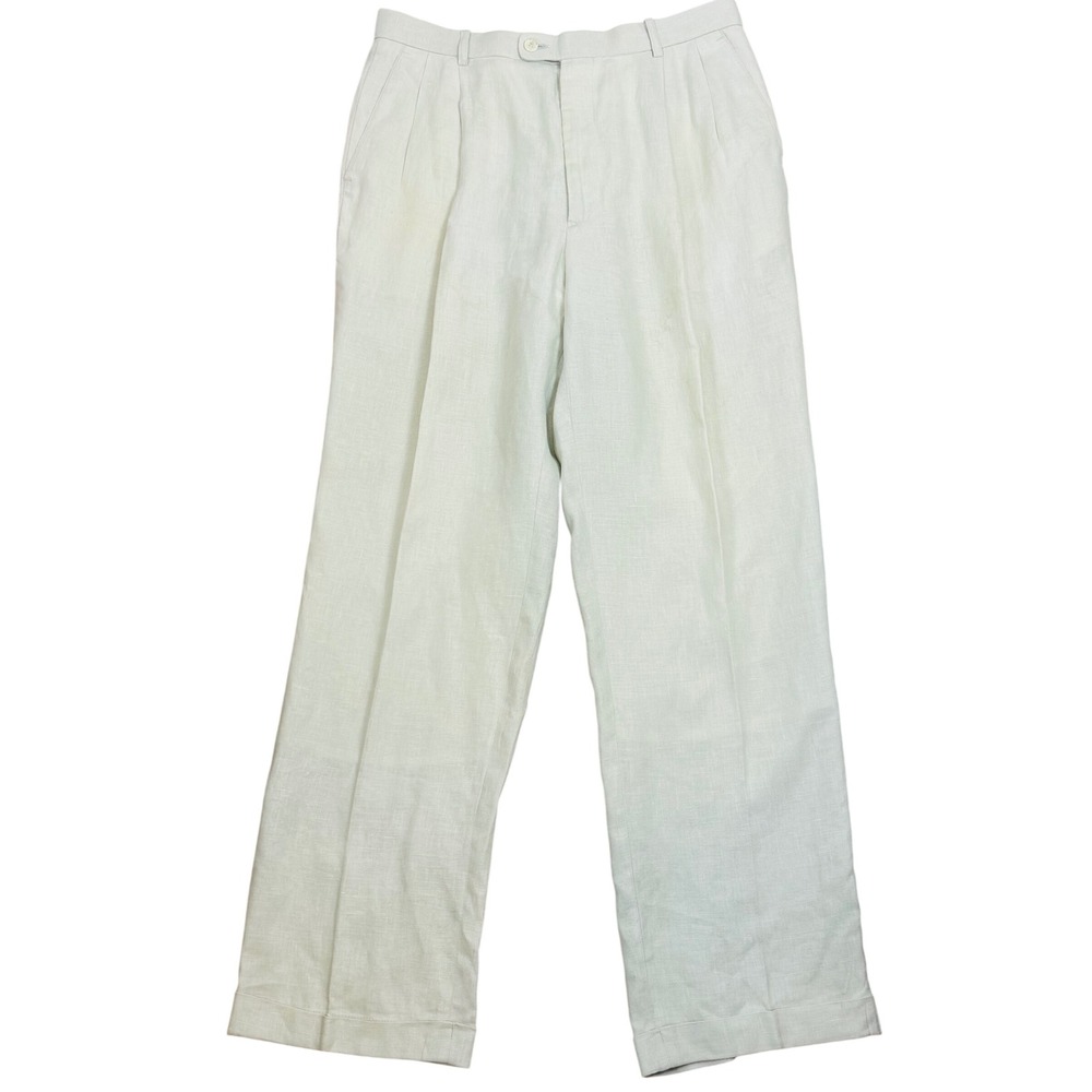 GREG PETERS GOLF Mens 100% Linen Pants SZ 34 Pleated Cuffed Ivory Cream Resort